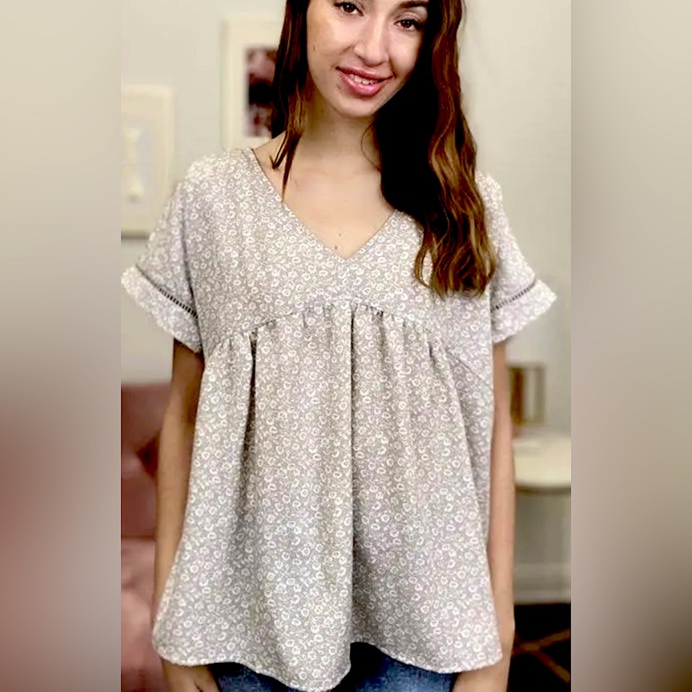 Ces Femme Want You To Stay Babydoll Top in Soft Taupe Floral Pattern Siz…